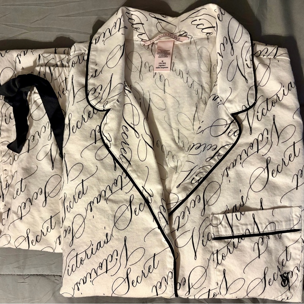 Victoria's Secret White and Black Script Pajama Set (M)